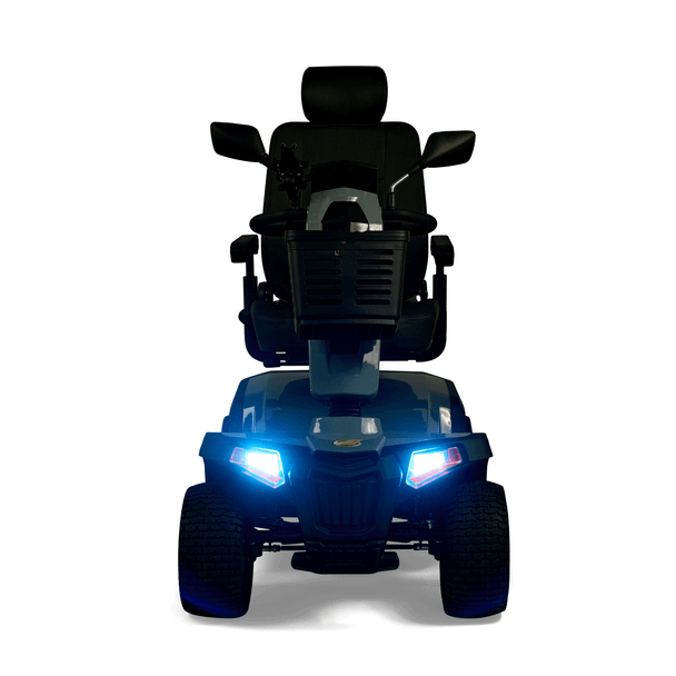 Eagle All-Terrain 4-Wheel Scooter, front view at night with headlights on