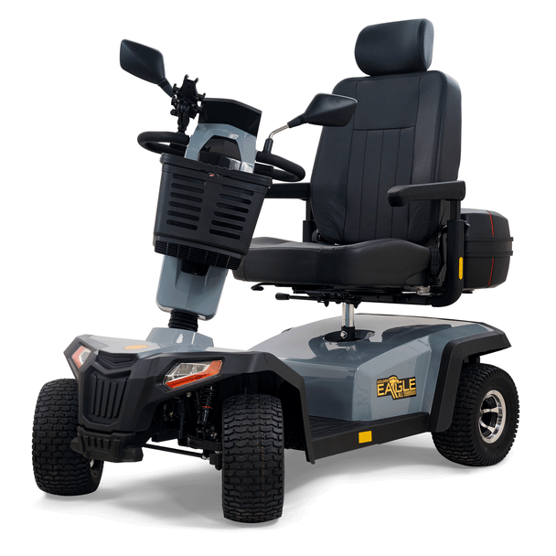 Eagle All-Terrain 4-Wheel Scooter in Grey, front three-quarter view facing left, tiller raised