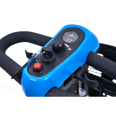 Buzzaround EX 4-Wheel Scooter in Coastal Blue, tiller console close-up