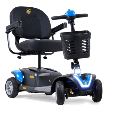 Buzzaround EX 4-Wheel Scooter in Coastal Blue, front view facing right with headlight on