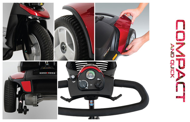 Go Go Elite Traveller 3-Wheel Scooter, compact and quick feature collage of tiller, wheels and panel swap
