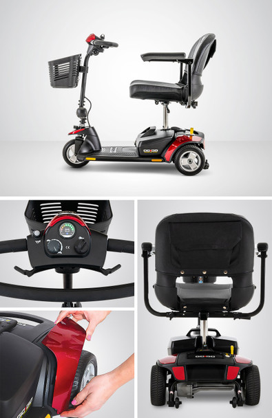 Go Go Elite Traveller 3-Wheel Scooter with red panels, collage of side, tiller, rear and panel swap