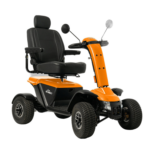 Baja Wrangler 2 all-terrain mobility scooter in orange, front three-quarter view