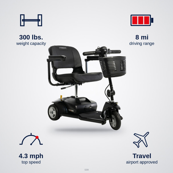 Go Go Ultra X 3-Wheel Scooter specifications: 300 lbs. capacity, 8 mi range, 4.3 mph top speed