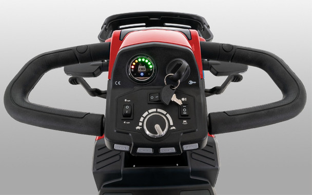 Victory LX Sport 4-Wheel Scooter, Candy Apple Red, close-up of the delta tiller console and controls
