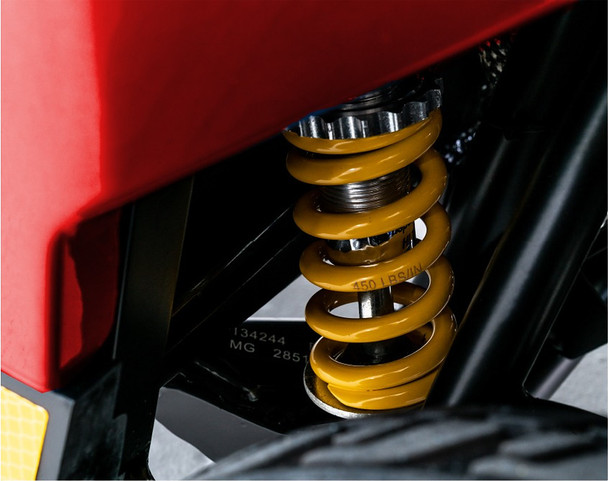 Victory LX Sport 4-Wheel Scooter, Candy Apple Red, close-up of the CTS suspension