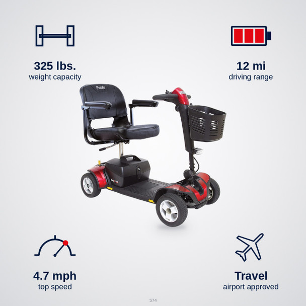 Go Go Sport 4-Wheel Scooter specifications: 325 lbs. capacity, 12 mi range, 4.7 mph top speed