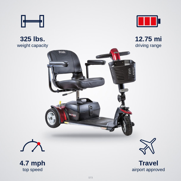 Go Go Sport 3-Wheel Scooter specifications: 325 lbs. capacity, 12.75 mi range, 4.7 mph top speed