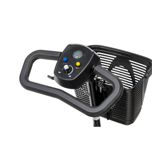Drive Medical Phoenix LT 4-Wheel Scooter, close-up of the padded delta tiller controls and front basket