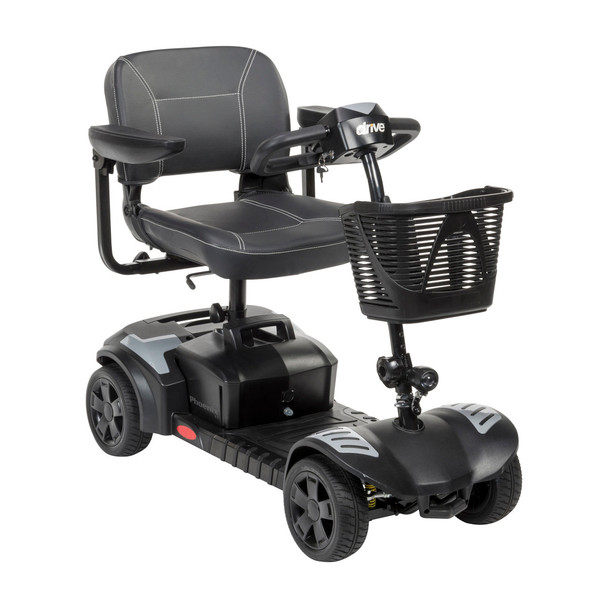 Drive Medical Phoenix LT 4-Wheel Scooter, front three-quarter studio view with gray panels, swivel seat and front basket