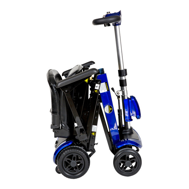 Drive Medical ZooMe Flex Auto-Folding Scooter fully folded upright for storage and transport