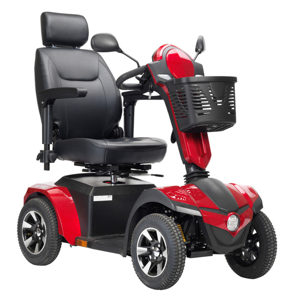 Drive Medical Panther 4-Wheel Heavy Duty Scooter, front three-quarter studio view in red with reclining captain seat and front basket