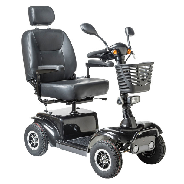 Drive Medical Prowler 3410 4-Wheel Scooter, front three-quarter studio view in black with high-back captain seat and front basket