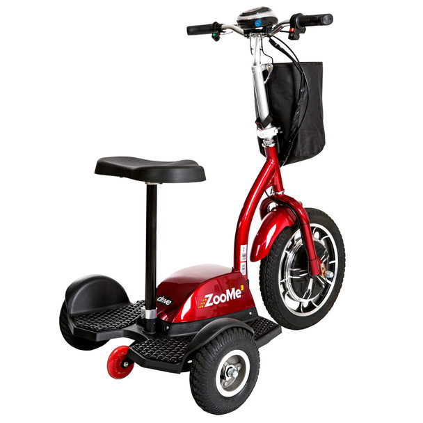 Drive Medical ZooMe 3-Wheel Recreational Scooter, front three-quarter studio view in red with front basket and post seat