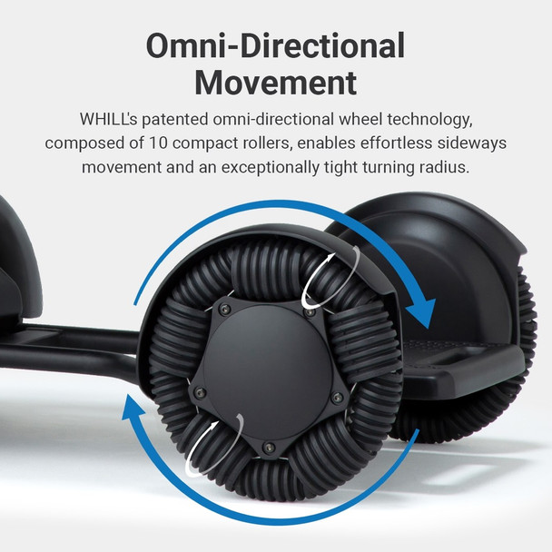 WHILL Model C2 Power Wheelchair close-up of the omni-directional front wheel