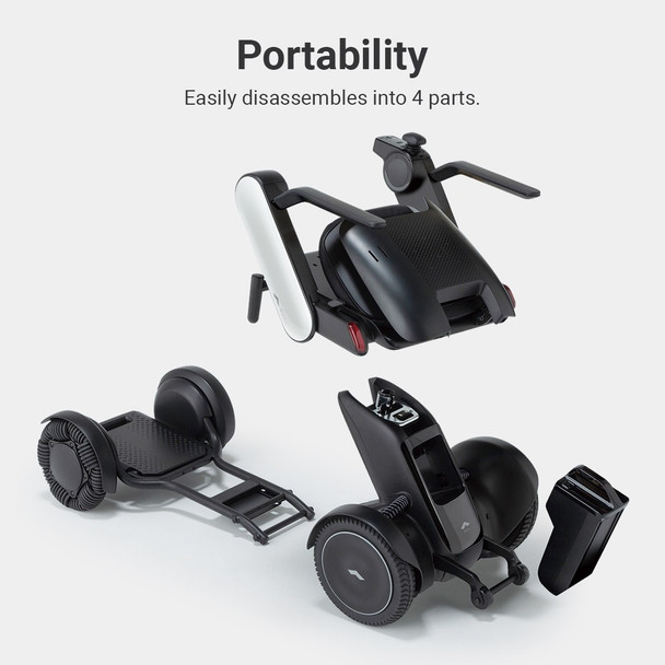 WHILL Model C2 Power Wheelchair disassembled into its separate pieces for transport