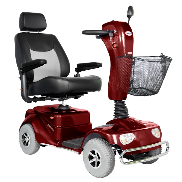 Merits Health Pioneer 4 4-Wheel Scooter, red, front 3/4