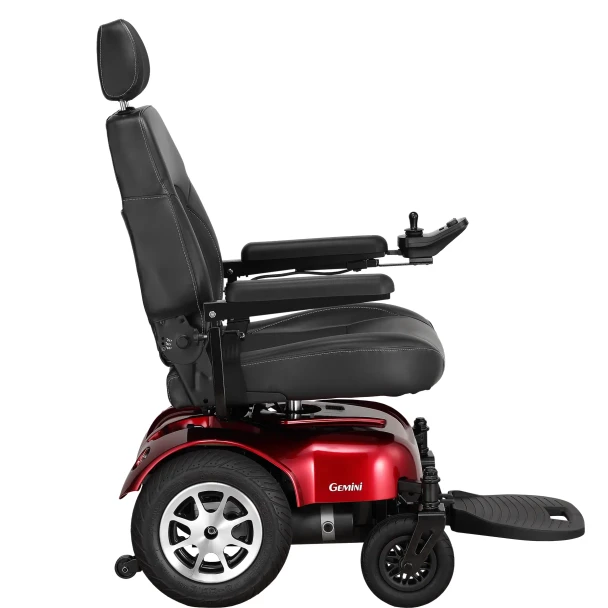 Merits Health Gemini Power Wheelchair, red, side, seat reclined