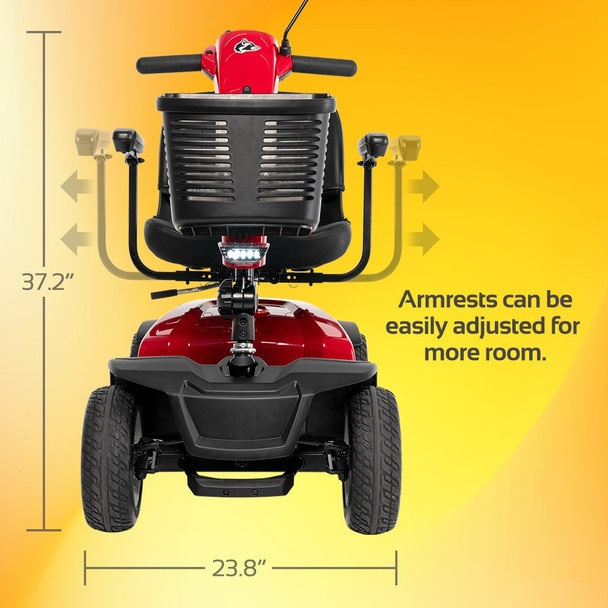 Mega Motion Rascal Conquest 4-Wheel Scooter, red, front, armrest width adjustment