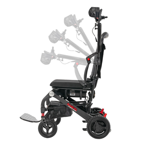 Mega Motion Rascal Carbon Cruiser Folding Power Wheelchair, black, side, recline positions