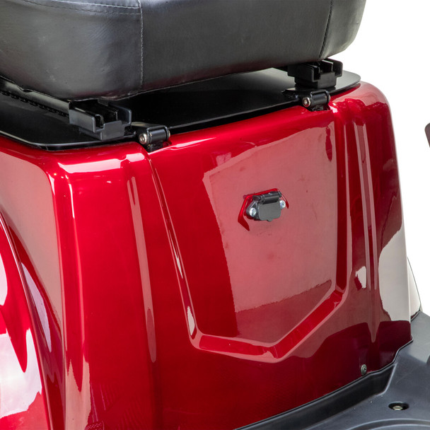 Bespoke Mobility Legacy 3-Wheel Scooter, red, close-up of rear storage compartment