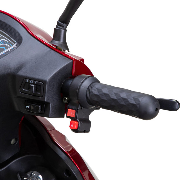 Bespoke Mobility Legacy 3-Wheel Scooter, red, close-up of handlebar controls