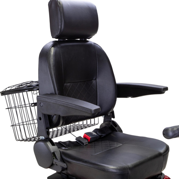 Bespoke Mobility Legacy 3-Wheel Scooter, black, close-up of seat, armrests and basket