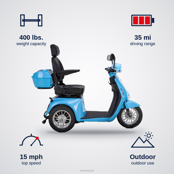 Bespoke Mobility Elite 3-Wheel Scooter specifications: capacity, speed, range, use