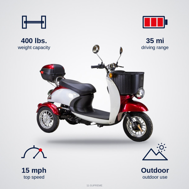 Bespoke Mobility Supreme 3-Wheel Scooter specifications: capacity, speed, range, use