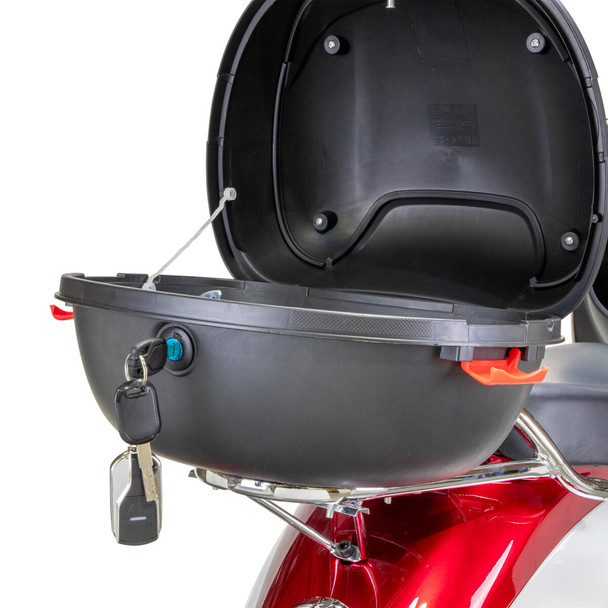 Bespoke Mobility Supreme 3-Wheel Scooter, black, close-up of rear trunk, open