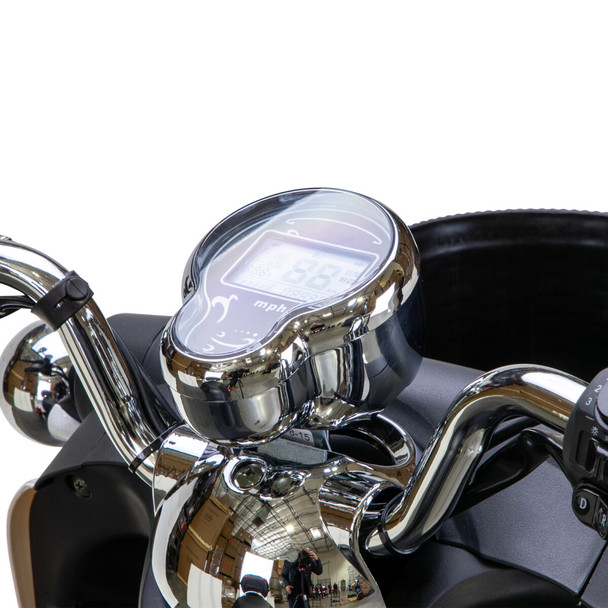 Bespoke Mobility Supreme 3-Wheel Scooter, chrome, close-up of dashboard