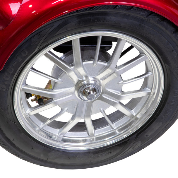 Bespoke Mobility Supreme 3-Wheel Scooter, red, close-up of rear wheel
