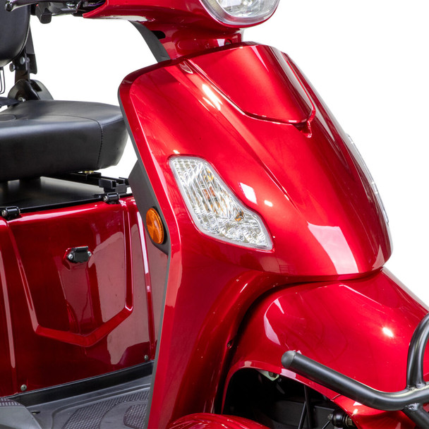 Bespoke Mobility Prestige 4-Wheel Scooter, red, close-up of headlight and front body