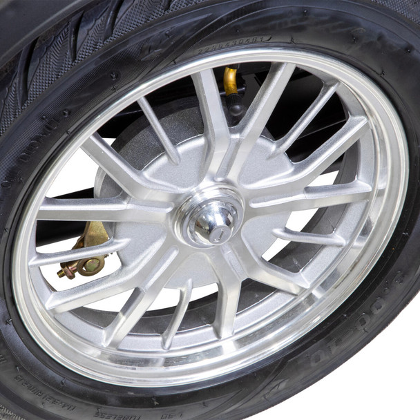 Bespoke Mobility Prestige 4-Wheel Scooter, silver, close-up of wheel
