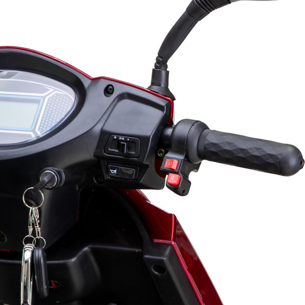 Bespoke Mobility Platinum 4-Wheel Scooter, red, close-up of handlebar controls