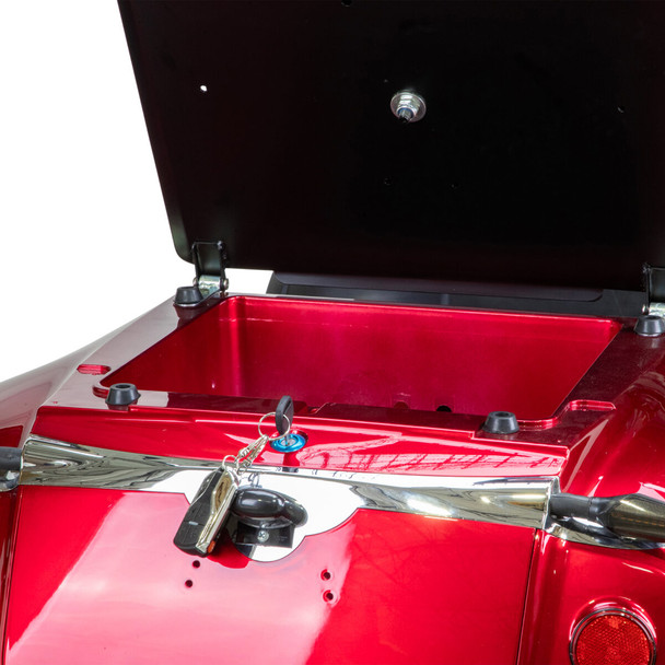 Bespoke Mobility Platinum 4-Wheel Scooter, red, close-up of rear storage compartment, open