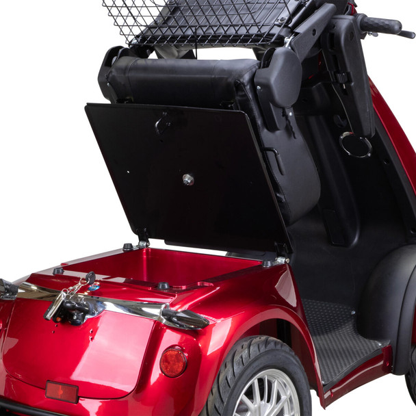 Bespoke Mobility Platinum 4-Wheel Scooter, red, close-up of battery compartment, open