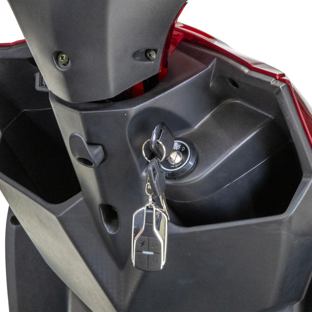 Bespoke Mobility Regal 3-Wheel Scooter, black, close-up of key ignition and storage