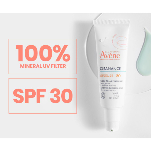 Avène Cleanance Mattifying Sunscreen Lotion SPF 30 1.7 oz - Skin Elite - swatch + benefits 2