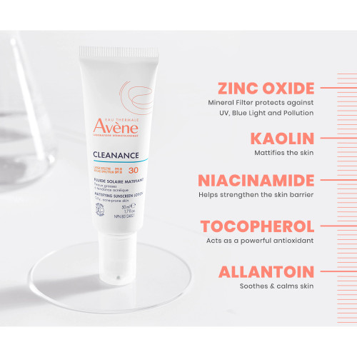 Avène Cleanance Mattifying Sunscreen Lotion SPF 30 1.7 oz - Skin Elite - ingredients