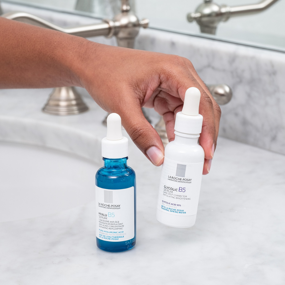 La Roche-Posay Hyalu B5 and Glycolic B5 Serums on bathroom counter