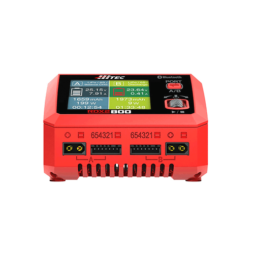 Hitec RDX2 800 charger front view with LCD screen and scroll wheel
