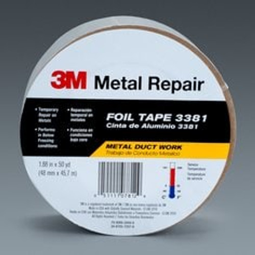 3M Aluminum Foil Tape 3381, Silver, 1.88 in x 50 yd, 2.8 mil, Case of 12 Rolls