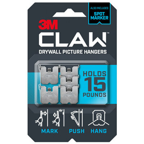 3M CLAW Drywall Picture Hanger 15 lb with Temporary Spot Marker 3PH15M-5ES, 5 hangers, 5 markers Case of 24