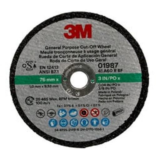 3M General Purpose Cut-Off Wheel 01987, 3 in x 0.04 in x 3/8 in, 50
Each/Case