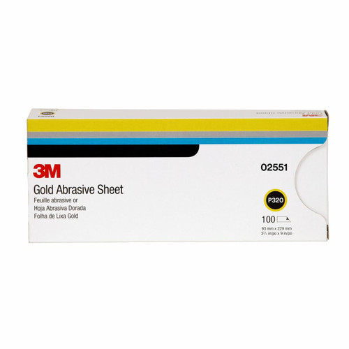 3M Gold Abrasive Sheet, 02551, P320 grade, 3 2/3 in x 9 in, 100 sheets
per pack, 5 packs per case