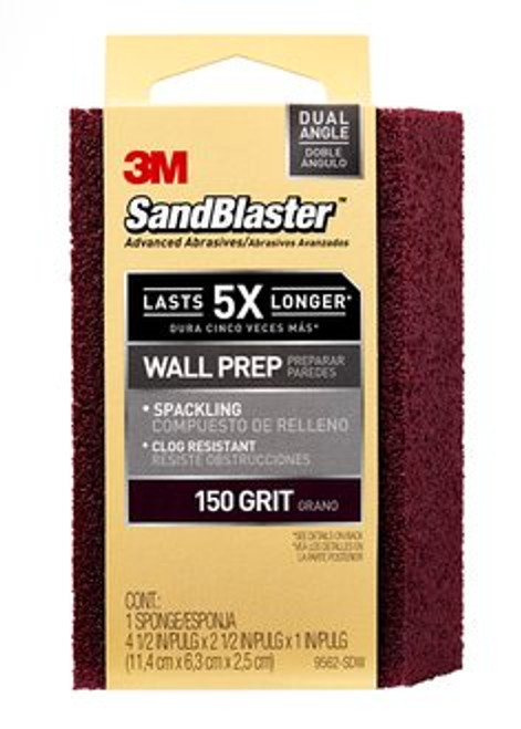 3M SandBlaster Wall Prep Sanding Sponge, 9562-SDW ,150 grit, 4 1/2 in
x 2 1/2 x 1 in, 1/pk, 12/case