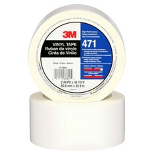 3M Vinyl Tape 471, White, 2 in x 36 yd, 5.2 mil, 24 Roll/Case,
Individually Wrapped Conveniently Packaged