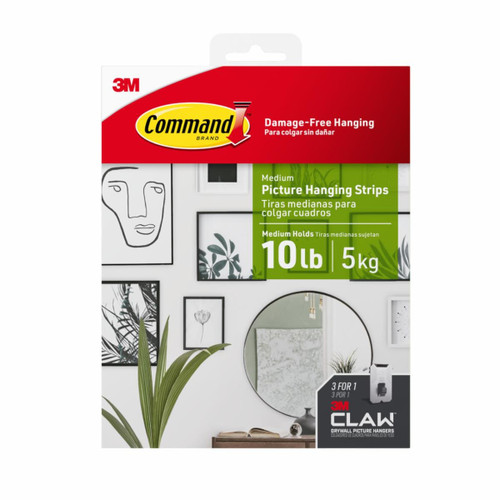 Command and CLAW Picture Hanging Kit 172018CLAW3PES, 8 Pairs/Pack of 10 lb Picture Hanging Strips, 3 Drywall Hangers  Case of 24