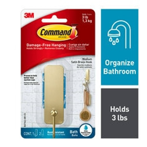 Command Bath Medium Satin Brass Hook BATH43-BR-ES, 1 Hook, 2 Strips  Case of 24